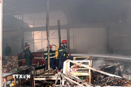 Lực lượng phòng cháy chữa cháy nhanh chóng khống chế ngọn lửa, không để cháy lan sang khu vực khác. (Ảnh: Quang Cường/TTXVN)