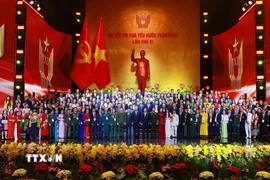Tổng Bí thư Tô Lâm, Chủ tịch nước Lương Cường và Thủ tướng Phạm Minh Chính cùng các đại biểu tham dự Đại hội Thi đua yêu nước lần thứ XI. (Ảnh: Dương Giang/TTXVN)