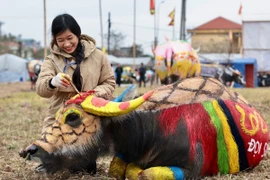 Các hoạ sỹ đang hoàn thiện vẽ trang trí trên trâu. (Ảnh: Trần Việt/TTXVN)