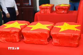 Các mẫu sinh phẩm được Tổ công tác đưa vào hộp ngăn nắp, cẩn thận. (Ảnh: Văn Đông/TTXVN phát)