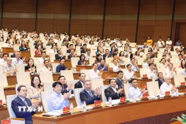 Tổng Bí thư Tô Lâm, Chủ tịch nước Lương Cường, Thủ tướng Phạm Minh Chính, Chủ tịch Quốc hội Trần Thanh Mẫn cùng các lãnh đạo Đảng, Nhà nước; lãnh đạo các Ban, bộ, ngành dự hội nghị tại điểm cầu chính Hội trường Diên Hồng, Nhà Quốc hội. (Ảnh: Thống Nhất/TTXVN)