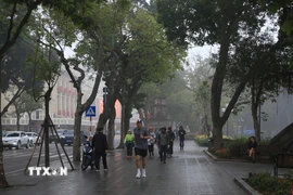 Mưa nhỏ khiến đường ướt và trơn trên đường phố Hà Nội. (Ảnh: Mai Hiền/TTXVN phát)