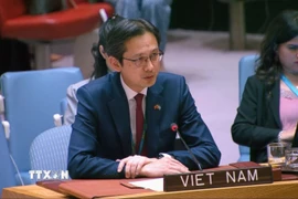 Đại sứ Đỗ Hùng Việt, Trưởng Phái đoàn thường trực Việt Nam tại Liên hợp quốc, phát biểu tại phiên thảo luận. (Ảnh: Hoài Thanh/TTXVN)