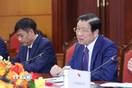 Ông Phan Đình Trạc, Ủy viên Bộ Chính trị, Bí thư Trung ương Đảng, Trưởng Ban Nội chính Trung ương phát biểu tại buổi tiếp. (Ảnh: Phương Hoa/TTXVN)