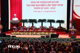 Đoàn Chủ tịch biểu quyết thông qua Quy chế làm việc của Đại hội. (Ảnh: Văn Điệp/TTXVN)