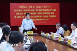 Chủ tịch nước Lương Cường phát biểu chỉ đạo tại buổi làm việc với Ban Thường vụ Tỉnh ủy Quảng Ninh. (Ảnh: Lâm Khánh/TTXVN)