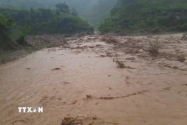 Mưa lớn khiến nước dâng tràn đường tại Km1+520, Tỉnh lộ 140 qua Điện Biên. (Ảnh: TTXVN phát)