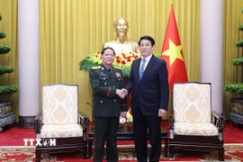 Chủ tịch nước Lương Cường tiếp Chủ nhiệm Tổng cục Chính trị Quân đội Nhân dân Lào Vongsone Inpanphim. (Ảnh: Lâm Khánh/TTXVN)