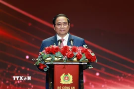 Thủ tướng Phạm Minh Chính phát biểu chỉ đạo và phát động phong trào "Toàn dân bảo vệ Tổ quốc." (Ảnh: Dương Giang/TTXVN)