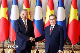 Tổng Bí thư Tô Lâm hội kiến Chủ tịch Quốc hội Lào Saysomphone Phomvihane. (Ảnh: Thống Nhất/TTXVN)