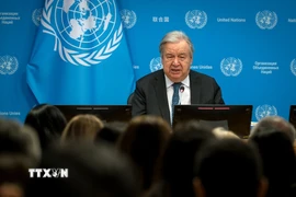 Tổng Thư ký Liên hợp quốc Antonio Guterres phát biểu tại cuộc họp báo ở New York, Mỹ. (Ảnh: THX/TTXVN)