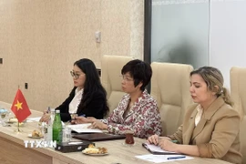 Tổng giám đốc TTXVN Vũ Việt Trang phát biểu tại cuộc hội đàm với Chủ tịch Azertac Vugar Alyev. (Ảnh: TTXVN)