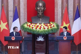 Chủ tịch nước Lương Cường và Tổng thống Pháp Emmanuel Macron tại buổi gặp gỡ báo chí. (Ảnh: Lâm Khánh/TTXVN)