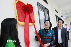 Phó Thủ tướng Phạm Thị Thanh Trà thực hiện nghi thức khánh thành phòng học thực hành Stem. (Ảnh: Đinh Thùy/TTXVN)