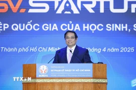 Thủ tướng Phạm Minh Chính phát biểu tại Ngày hội Khởi nghiệp Quốc gia của học sinh, sinh viên lần thứ 7. (Ảnh: Dương Giang/TTXVN)