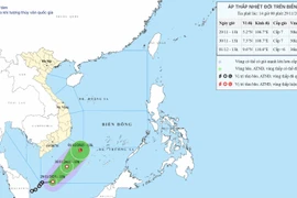Vị trí và hướng di chuyển của áp thấp nhiệt đới. (Nguồn: Trung tâm Dự báo Khí tượng Thủy văn Quốc gia)