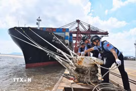 Kiểm tra dây neo của tàu thuyền trước khi bão Dolphin đổ bộ tại thành phố Ninh Ba, tỉnh Chiết Giang, miền Đông Trung Quốc. (Ảnh: THX/TTXVN phát)