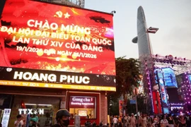 Hệ thống pano, áp phích tuyên truyền Đại hội XIV hòa vào cảnh quan đô thị trung tâm Thành phố Hồ Chí Minh, khu vực Phố đi bộ Nguyễn Huệ tập trung đông đảo người dân, du khách. (Ảnh: Hồng Đạt/TTXVN)
