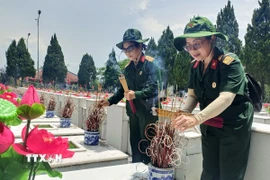 Các cán bộ hưu trí ở Hà Nội đến viếng, dâng hương tại Nghĩa trang Liệt sỹ Vị Xuyên. (Ảnh: Đức Thọ/TTXVN)
