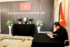 Đại sứ Vũ Quang Minh đọc Thông cáo đặc biệt về việc tổ chức Lễ tang đồng chí Trần Đức Lương với nghi thức Quốc tang. (Ảnh: Phương Hoa/TTXVN)