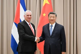 Chủ tịch Cuba Miguel Díaz-Canel và người đồng cấp Trung Quốc Tập Cận Bình trong cuộc gặp tại Moskva bên lề Lễ Kỷ niệm 80 năm Ngày Chiến thắng trong Chiến tranh Vệ quốc vĩ đại. (Nguồn: Xinhua)