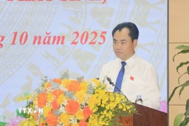 Ủy viên dự khuyết Trung ương Đảng, Bí thư Tỉnh ủy, Chủ tịch Hội đồng Nhân dân tỉnh Lào Cai Trịnh Việt Hùng bế mạc kỳ họp. (Ảnh: Tuấn Anh/TTXVN)