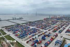 Quang cảnh cảng hàng hóa tại tỉnh Giang Tô, Trung Quốc. (Ảnh: THX/TTXVN)