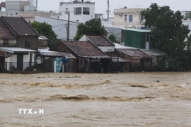 Nước lũ uy hiếp khu dân cư Khánh Hòa. (Ảnh: Nguyễn Thành/TTXVN)