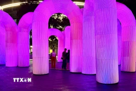 Sky Castle, một tác phẩm ánh sáng đổi màu cùng âm nhạc giao hưởng thư giãn tại Cathay Green. (Ảnh: Đỗ Vân/TTXVN)