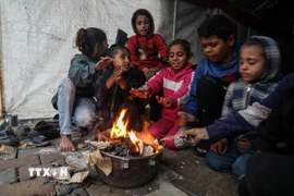 Trẻ em Palestine sưởi ấm tại khu lều trại tạm ở thành phố Gaza. (Ảnh: THX/TTXVN)