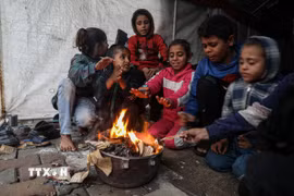 Trẻ em Palestine sưởi ấm tại khu lều trại tạm ở thành phố Gaza. (Ảnh: THX/TTXVN)