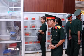 Các cựu chiến binh lặng lẽ trước tủ bày các di vật tìm thấy trong quá trình khai quật hài cốt liệt sỹ. (Ảnh: Xuân Khu/TTXVN)