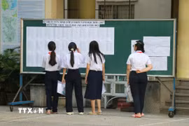 Các thí sinh tra cứu danh sách Kỳ thi tại Điểm thi số 2, Trường THPT Trần Phú, thành phố Đà Nẵng. (Ảnh: Khoa Chương/TTXVN)