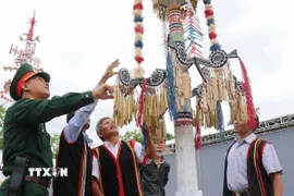 Cây nêu có vai trò quan trọng trong đời sống văn hóa tinh thần đồng bào Co. (Ảnh: Phạm Cường/TTXVN)
