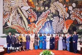 Phu nhân Chủ tịch Quốc hội Nguyễn Thị Thanh Nga cùng Nhóm Phụ nữ cộng đồng ASEAN. (Ảnh: Minh Đức/TTXVN)
