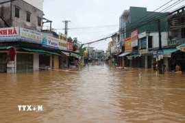 Nước lũ sông Trà Bồng gây ngập sâu khu dân cư trên Quốc lộ 1A xã Bình Sơn, tỉnh Quảng Ngãi ngày 30/10. (Ảnh: Phạm Cường/TTXVN)