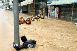 Lực lượng chức năng sơ tán người dân ở Khánh Hòa đến nơi an toàn. (Ảnh: Phan Sáu/TTXVN)