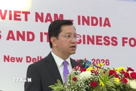 Đại sứ Việt Nam tại Ấn Độ Nguyễn Thanh Hải phát biểu khai mạc diễn đàn. (Ảnh: Quang Trung/TTXVN)