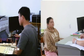 Đối tượng Nguyễn Phạm Ngọc Lâm và Lê Thị Ngọc Hạnh tại cơ quan điều tra. (Ảnh: Công an Đồng Nai/ TTXVN phát)