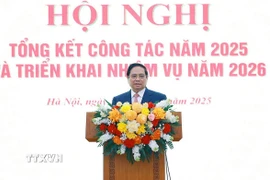 Thủ tướng Phạm Minh Chính phát biểu chỉ đạo tại Hội nghị Tổng kết công tác năm 2025 và triển khai nhiệm vụ năm 2026 của Bộ Xây dựng. (Ảnh: Dương Giang/TTXVN)