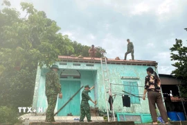 Chiến sỹ Bộ đội Biên phòng đồn Ngọc Vừng (Bộ đội Biên phòng Quảng Ninh) giúp người dân chằng chống nhà cửa trước bão. (Ảnh: Thanh Vân/TTXVN)