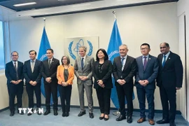 Tổng Giám đốc Cơ quan Năng lượng nguyên tử quốc tế (IAEA) Rafael Grossi (giữa) chụp ảnh lưu niệm cùng Đại sứ và Trưởng Phái đoàn các nước ASEAN tại Vienna. (Ảnh: TTXVN phát)
