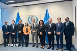 Tổng Giám đốc Cơ quan Năng lượng nguyên tử quốc tế (IAEA) Rafael Grossi (giữa) chụp ảnh lưu niệm cùng Đại sứ và Trưởng Phái đoàn các nước ASEAN tại Vienna. (Ảnh: TTXVN phát)