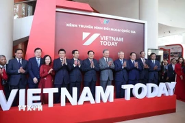 Tổng Bí thư Tô Lâm và các đại biểu tại lễ ra mắt và phát sóng chính thức Kênh Truyền hình đối ngoại Quốc gia - Vietnam Today. (Ảnh: Thống Nhất/TTXVN)