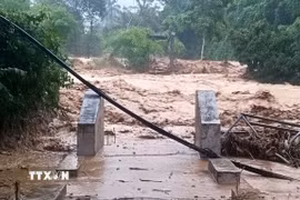 Cầu dân sinh vào bản Nhôn Mai, xã Nhôn Mai, Nghệ An bị lũ cuốn trôi khiến 200 hộ dân bị cô lập. (Ảnh: TTXVN phát)
