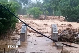 Cầu dân sinh vào bản Nhôn Mai, xã Nhôn Mai, Nghệ An bị lũ cuốn trôi khiến 200 hộ dân bị cô lập. (Ảnh: TTXVN phát)