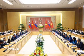 Thủ tướng Lê Minh Hưng hội đàm với Thủ tướng Slovakia Robert Fico. (Ảnh: Dương Giang/TTXVN)