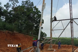 Công nhân gấp rút thực hiện lắp dựng cột. (Ảnh: Đức Dũng/TTXVN)