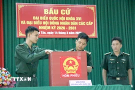 Nghi thức khai mạc bầu cử tại Tiểu đoàn Huấn luyện- Cơ động 2 được thực hiện nghiêm túc, trang trọng, đầy đủ thủ tục, đúng theo quy định. (Ảnh: Hồng Hiếu/TTXVN)