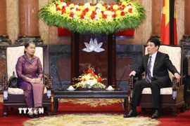 Chủ tịch nước Lương Cường tiếp Phó Chủ tịch Đảng Nhân dân Campuchia Men Sam An. (Ảnh: Lâm Khánh/TTXVN)